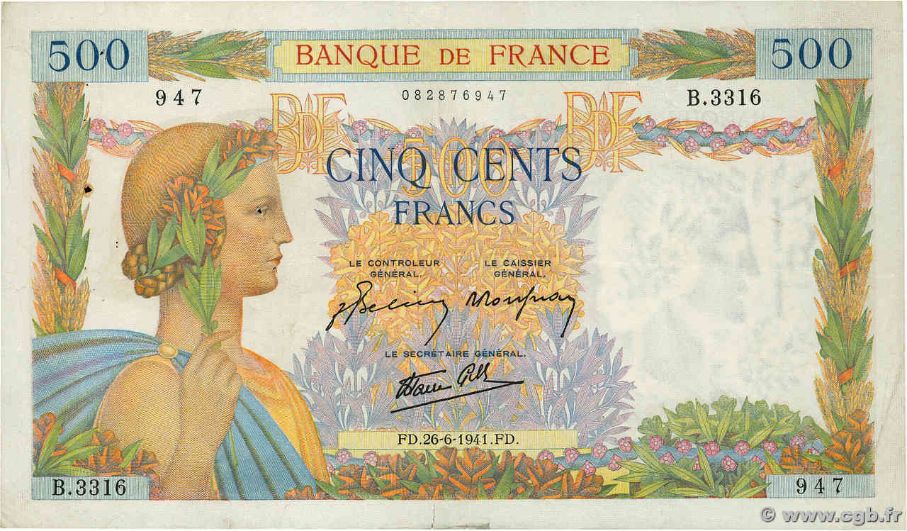 500 Francs LA PAIX FRANCE  1941 F.32.19 F+
