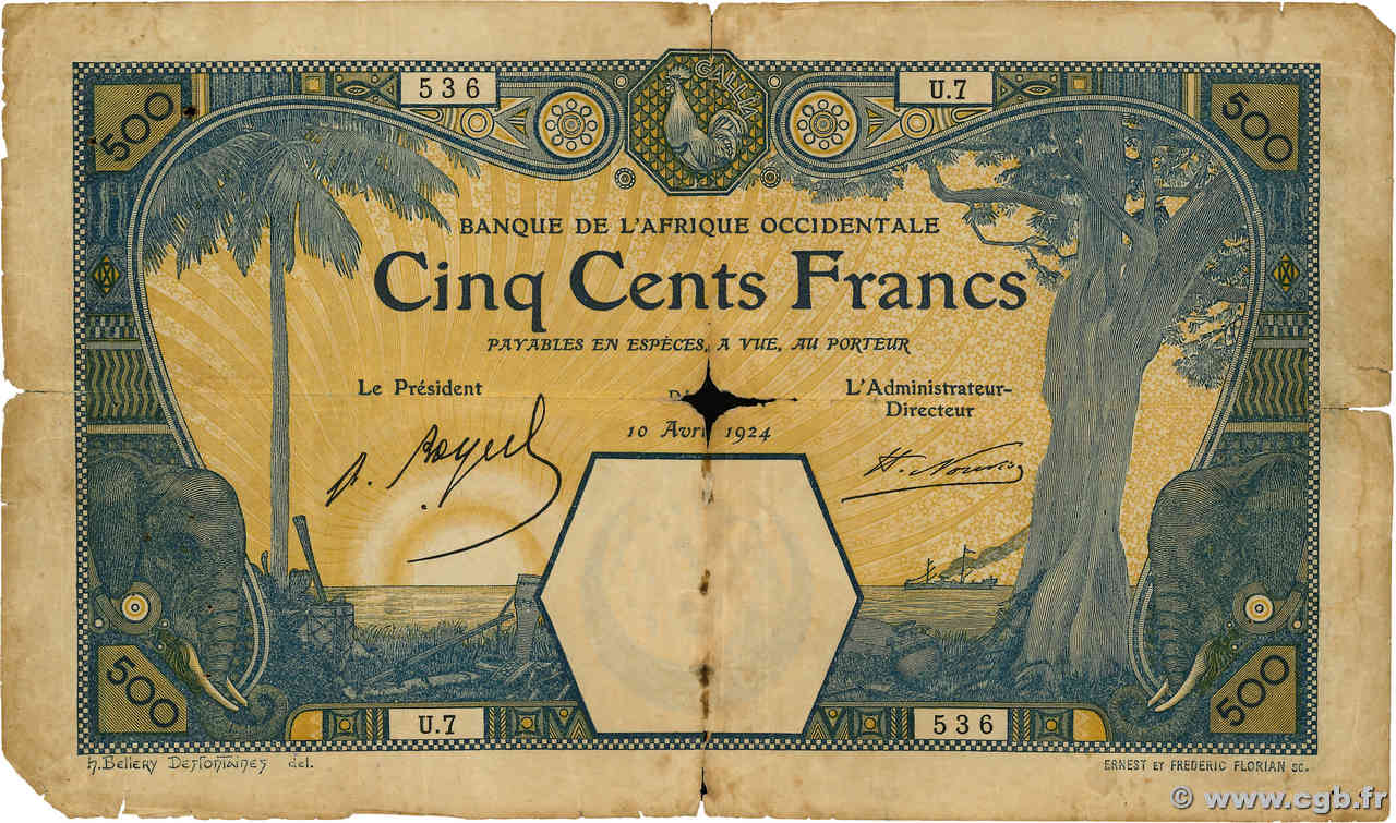 500 Francs DAKAR FRENCH WEST AFRICA Dakar 1924 P.13Bc fSGE