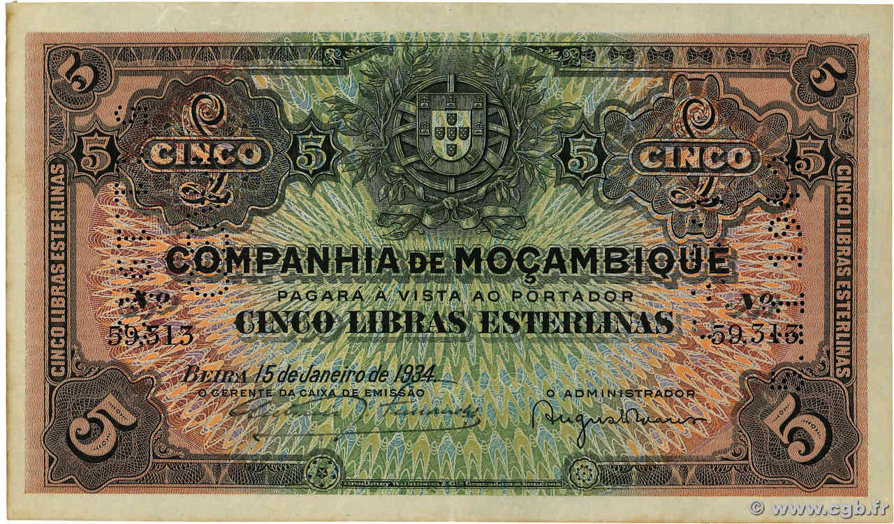 5 Libras MOZAMBIQUE Beira 1934 P.R32 SUP