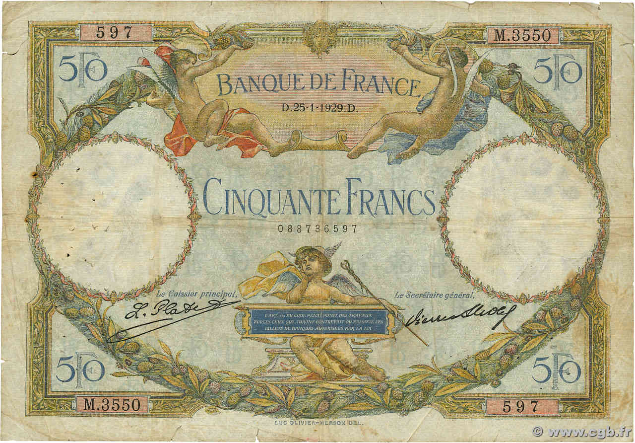 50 Francs LUC OLIVIER MERSON FRANCE 1929 F.15.03 B+