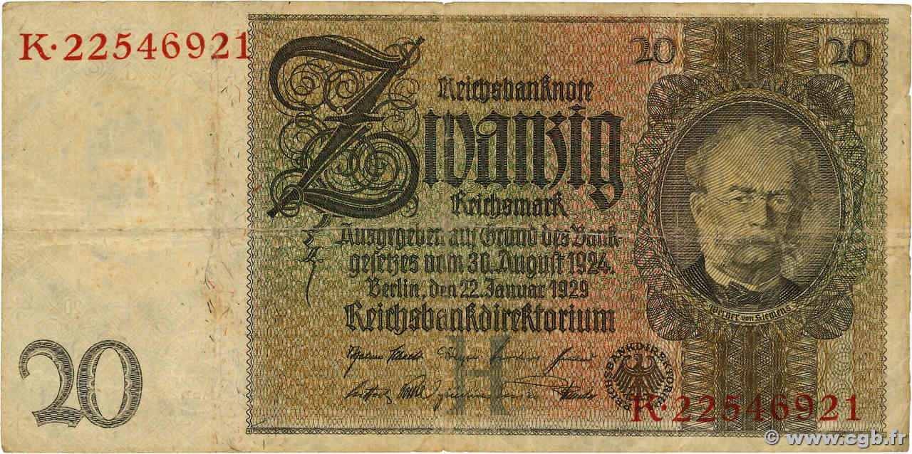20 Reichsmark GERMANY 1929 P.181a F