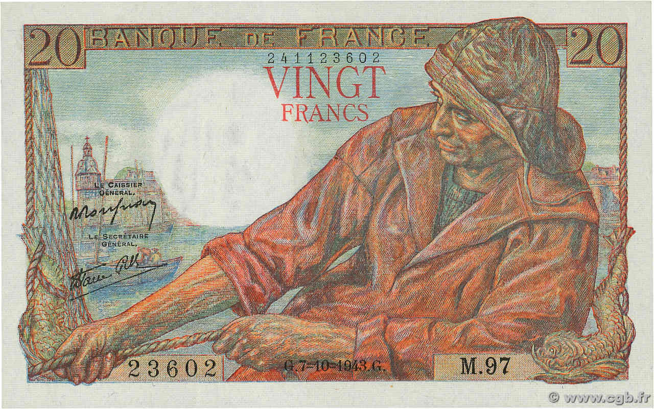 20 Francs PÊCHEUR FRANKREICH  1943 F.13.07 fST+