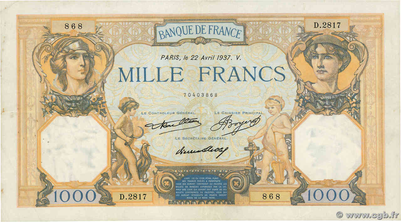 1000 Francs CÉRÈS ET MERCURE FRANCE  1937 F.37.10 TTB