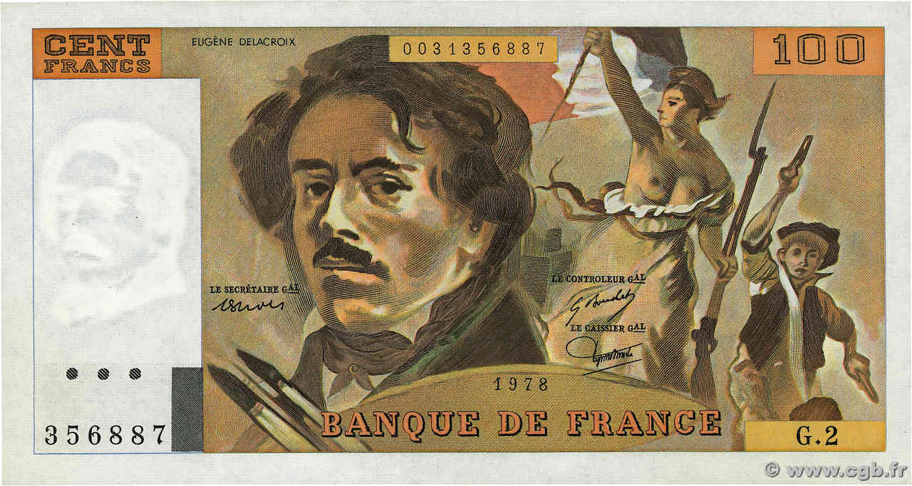 100 Francs DELACROIX modifié FRANCE  1978 F.69.01a XF+