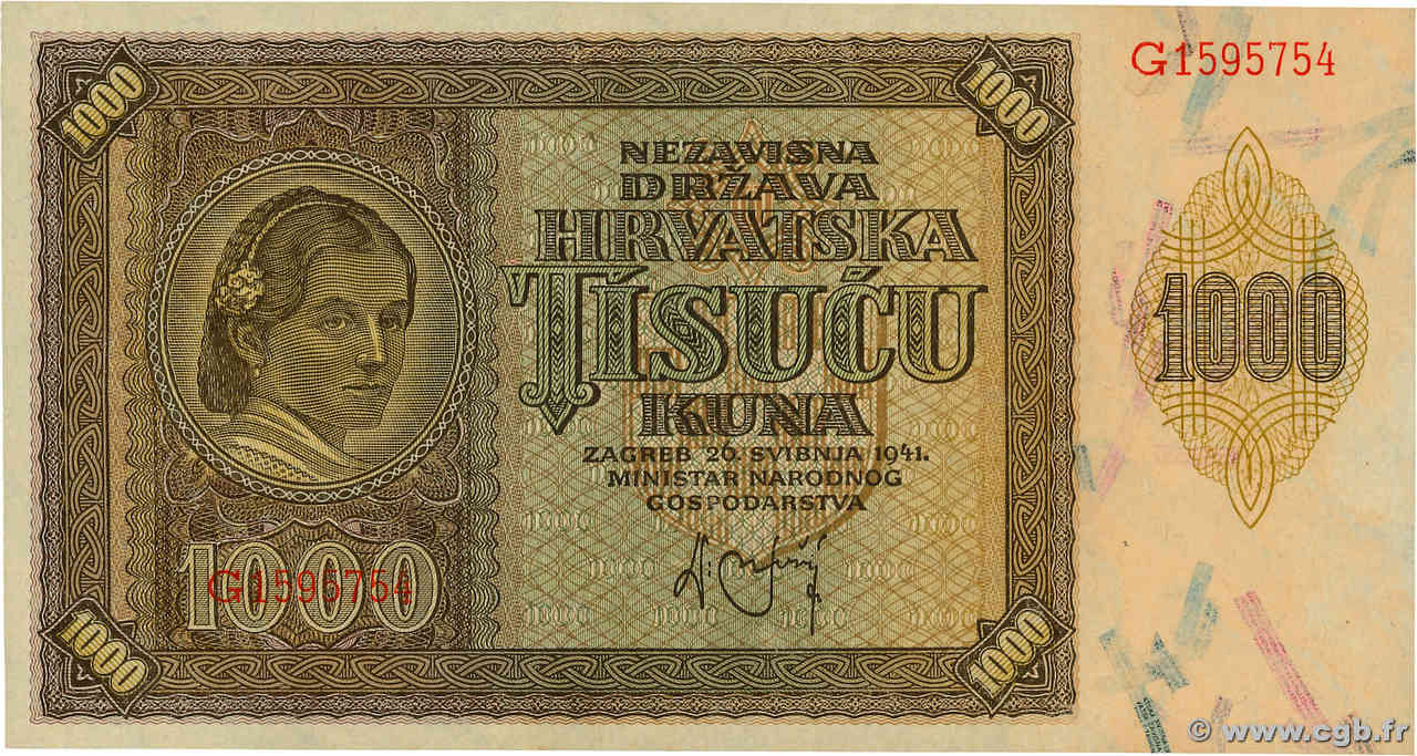 1000 Kuna CROATIA  1941 P.04a UNC