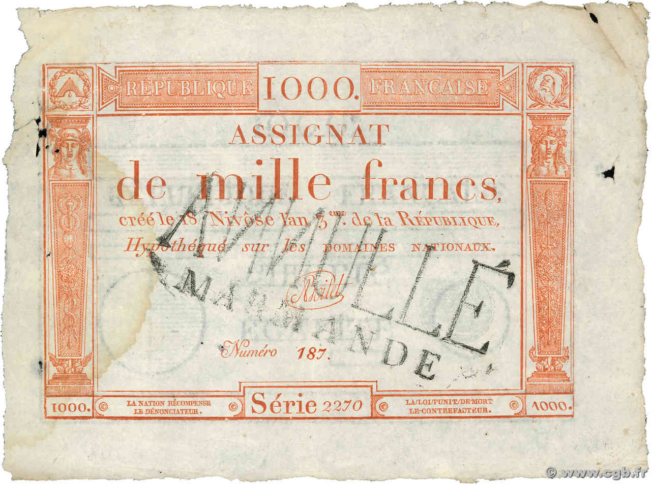 1000 Francs Annulé FRANKREICH  1795 Ass.50 var SS