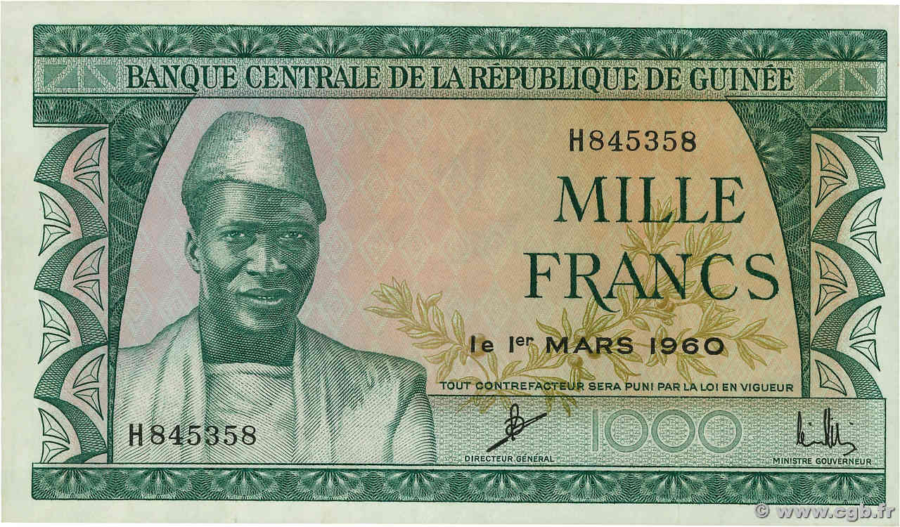 1000 Francs GUINEA  1960 P.15a AU+