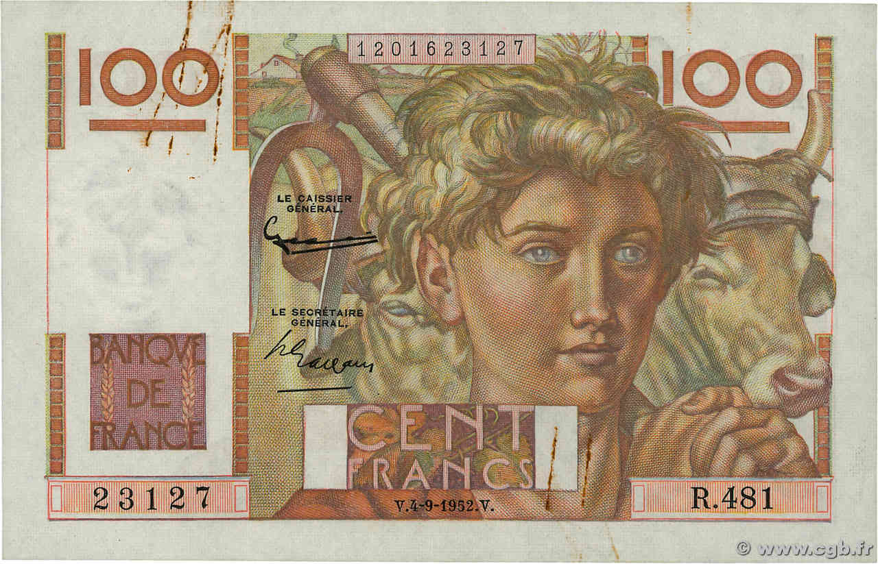100 Francs JEUNE PAYSAN FRANCE  1952 F.28.33 VF+