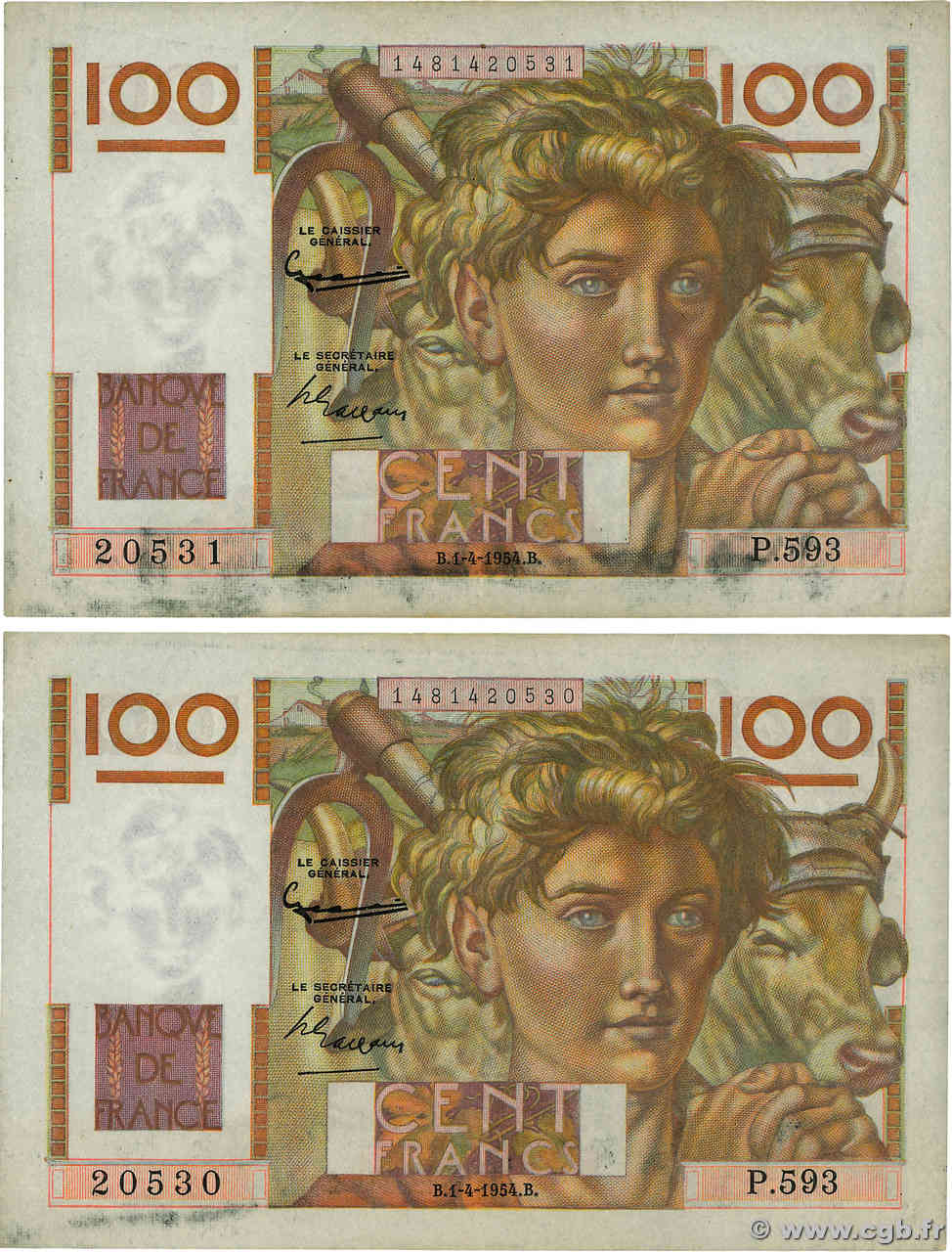 100 Francs JEUNE PAYSAN Consécutifs FRANCE  1954 F.28.43 VF+