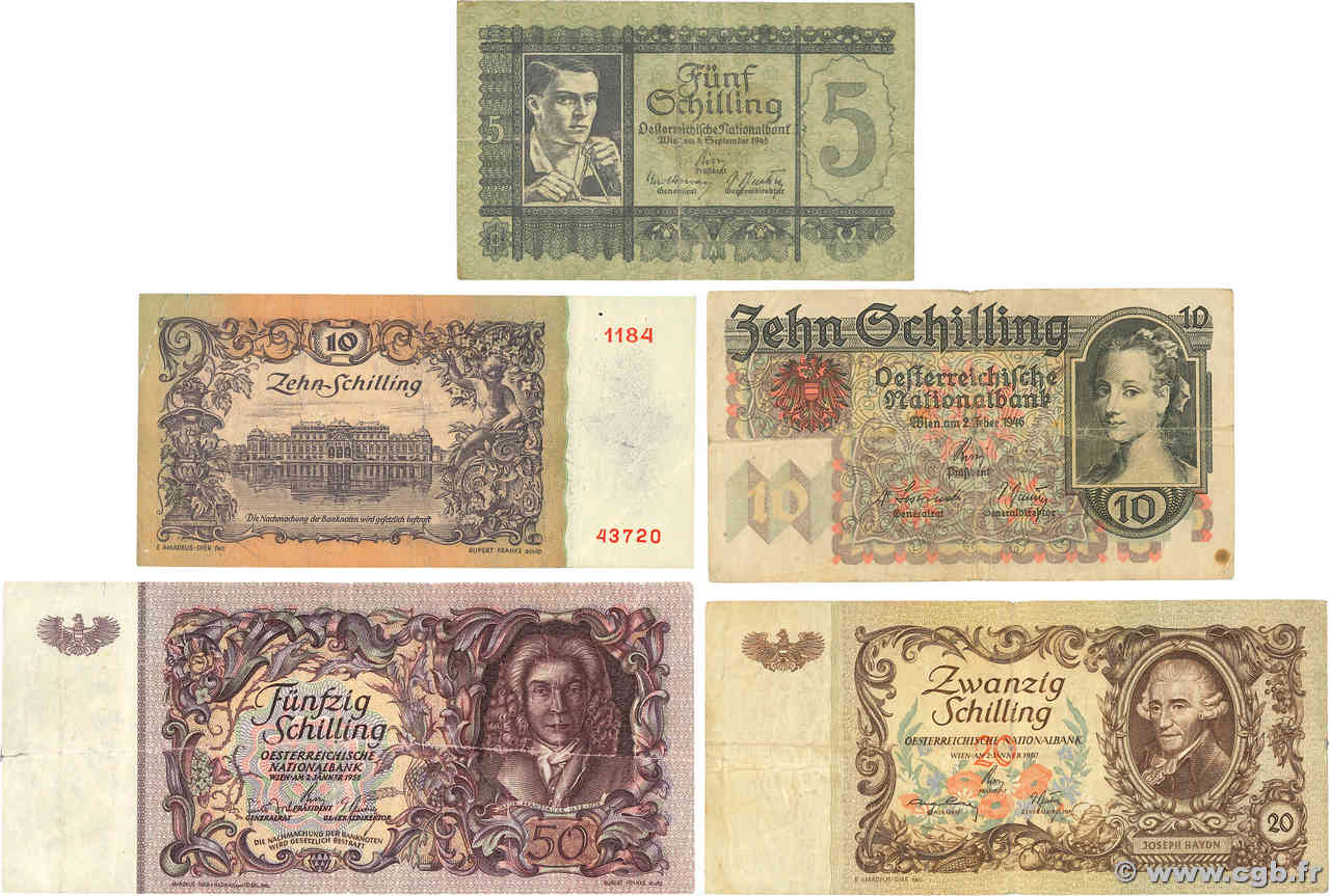 5, 10, 20 et 50 Schilling Lot AUTRICHE 1945 P.121, P.,122, P.129 et P.131 TB