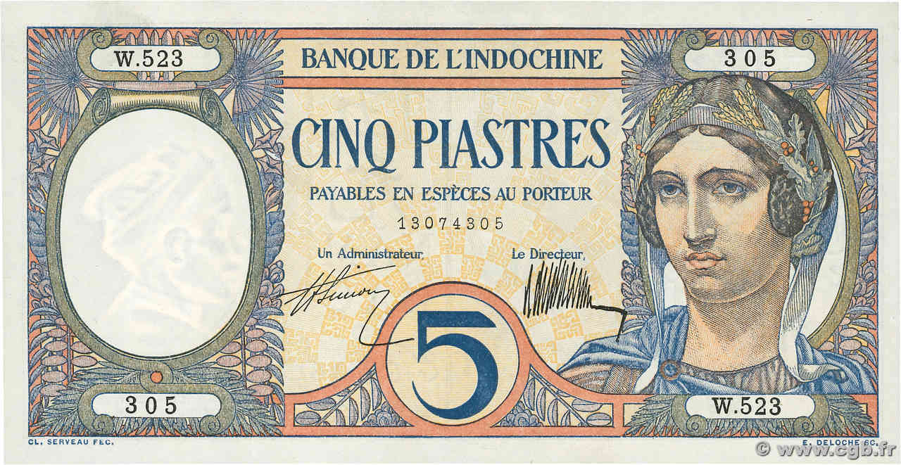 5 Piastres FRENCH INDOCHINA  1927 P.049b UNC