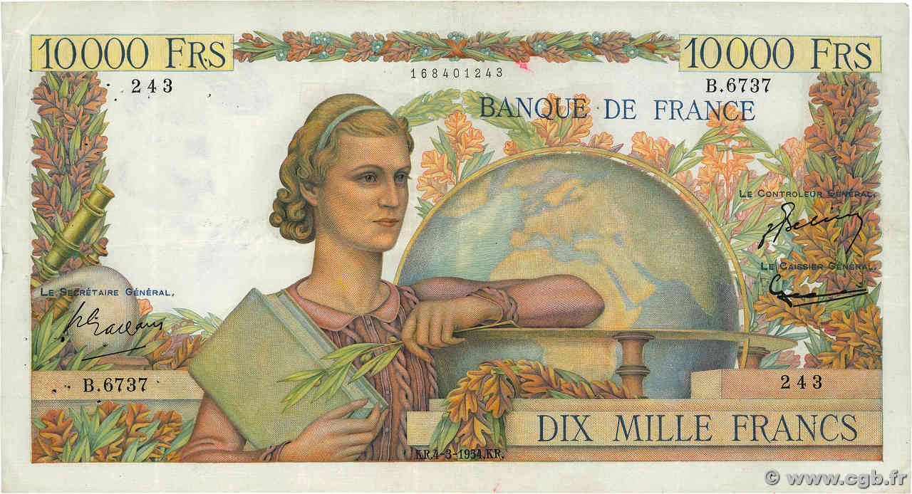 10000 Francs GÉNIE FRANÇAIS FRANCIA  1954 F.50.70 MBC