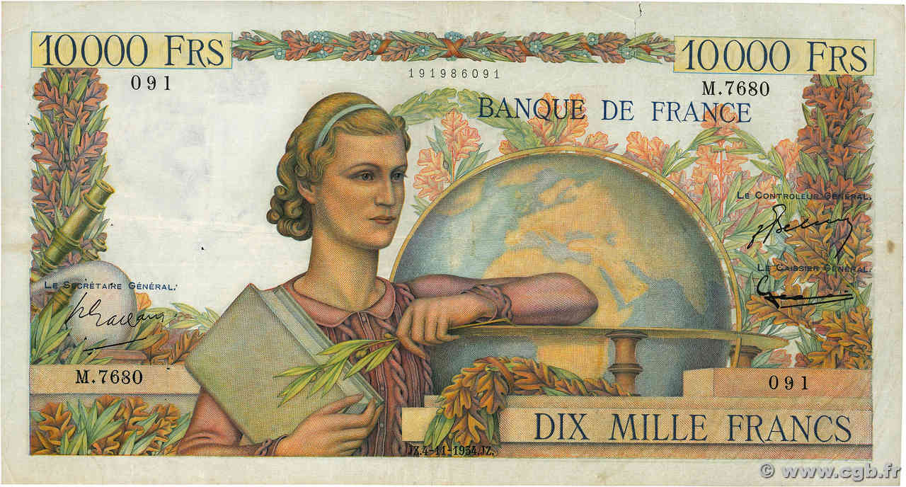 10000 Francs GÉNIE FRANÇAIS FRANCE  1954 F.50.72 VF-