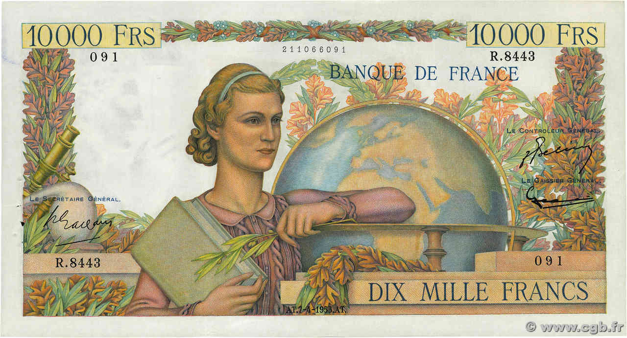 10000 Francs GÉNIE FRANÇAIS FRANCE  1955 F.50.74 XF-
