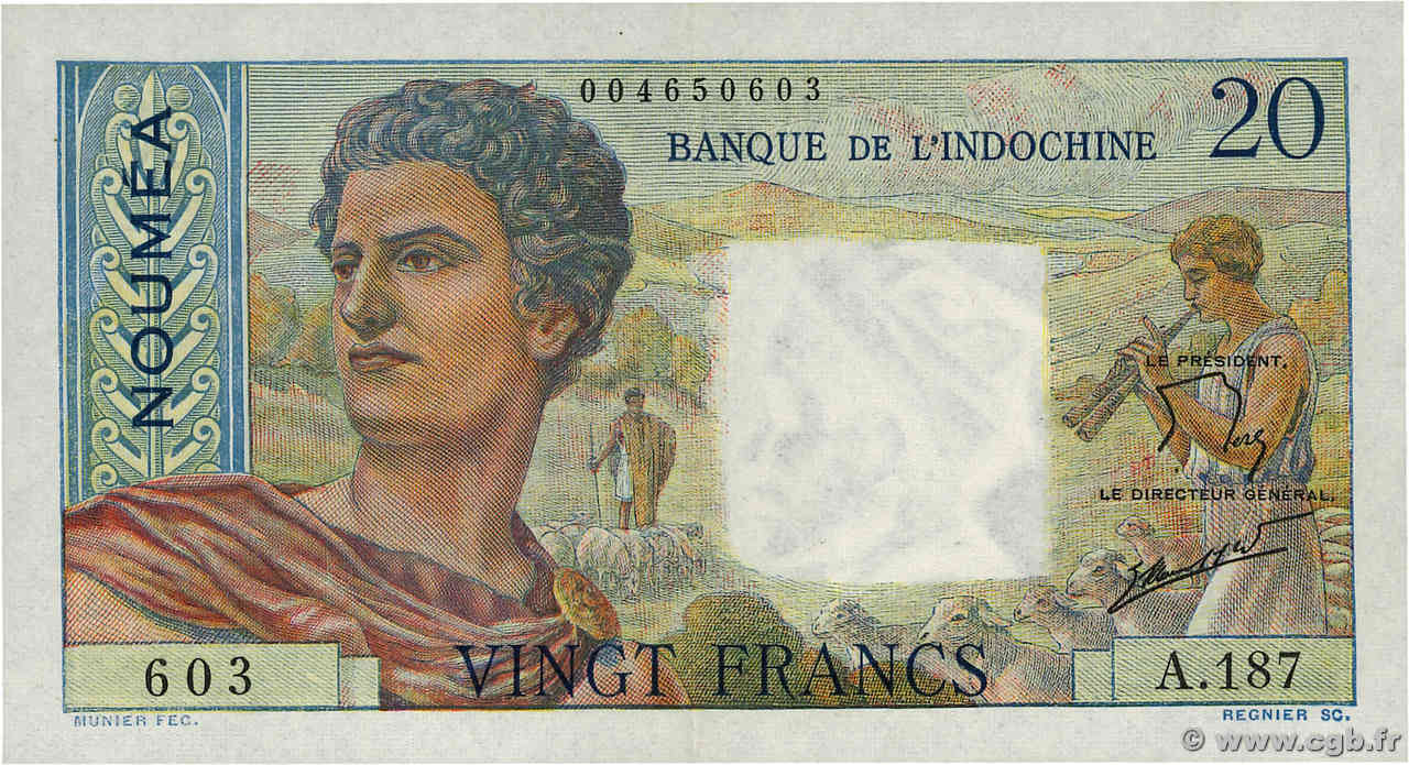 20 Francs NOUVELLE CALÉDONIE  1954 P.50c XF