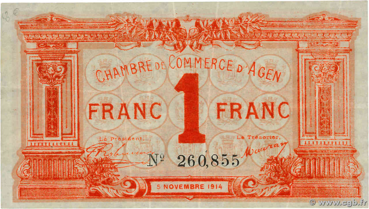 1 Franc FRANCE regionalism and miscellaneous Agen 1914 JP.002.03 VF