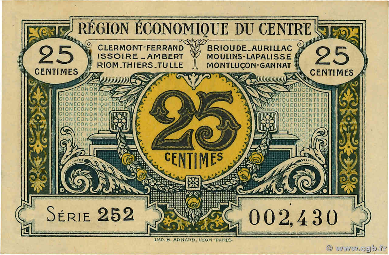 25 Centimes FRANCE regionalism and various Région Économique Du Centre 1918 JP.040.01 AU+
