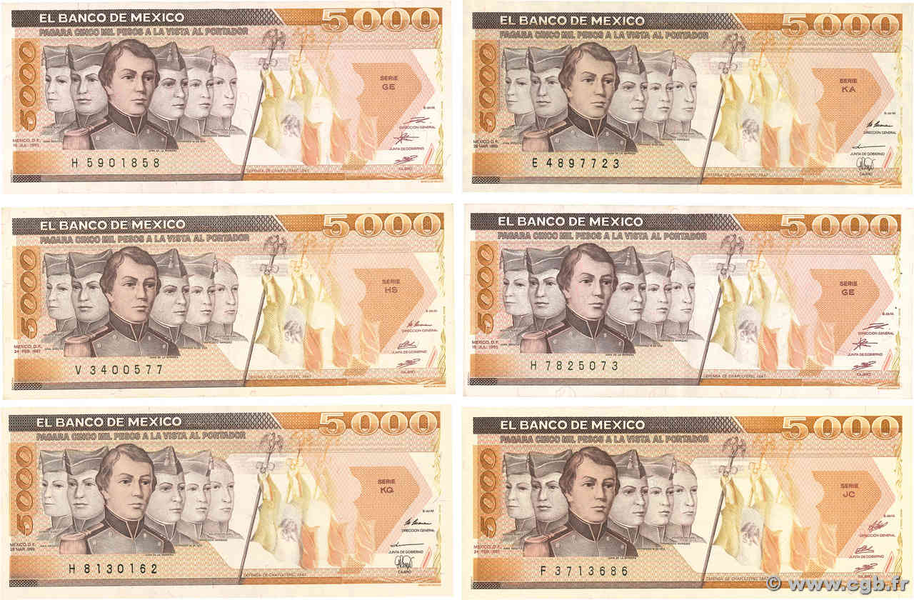 5000 Pesos Lot MEXICO  1987 P.088 MBC+