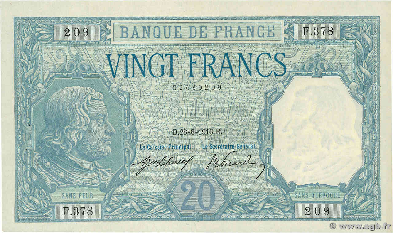 20 Francs BAYARD FRANKREICH  1916 F.11.01 fST