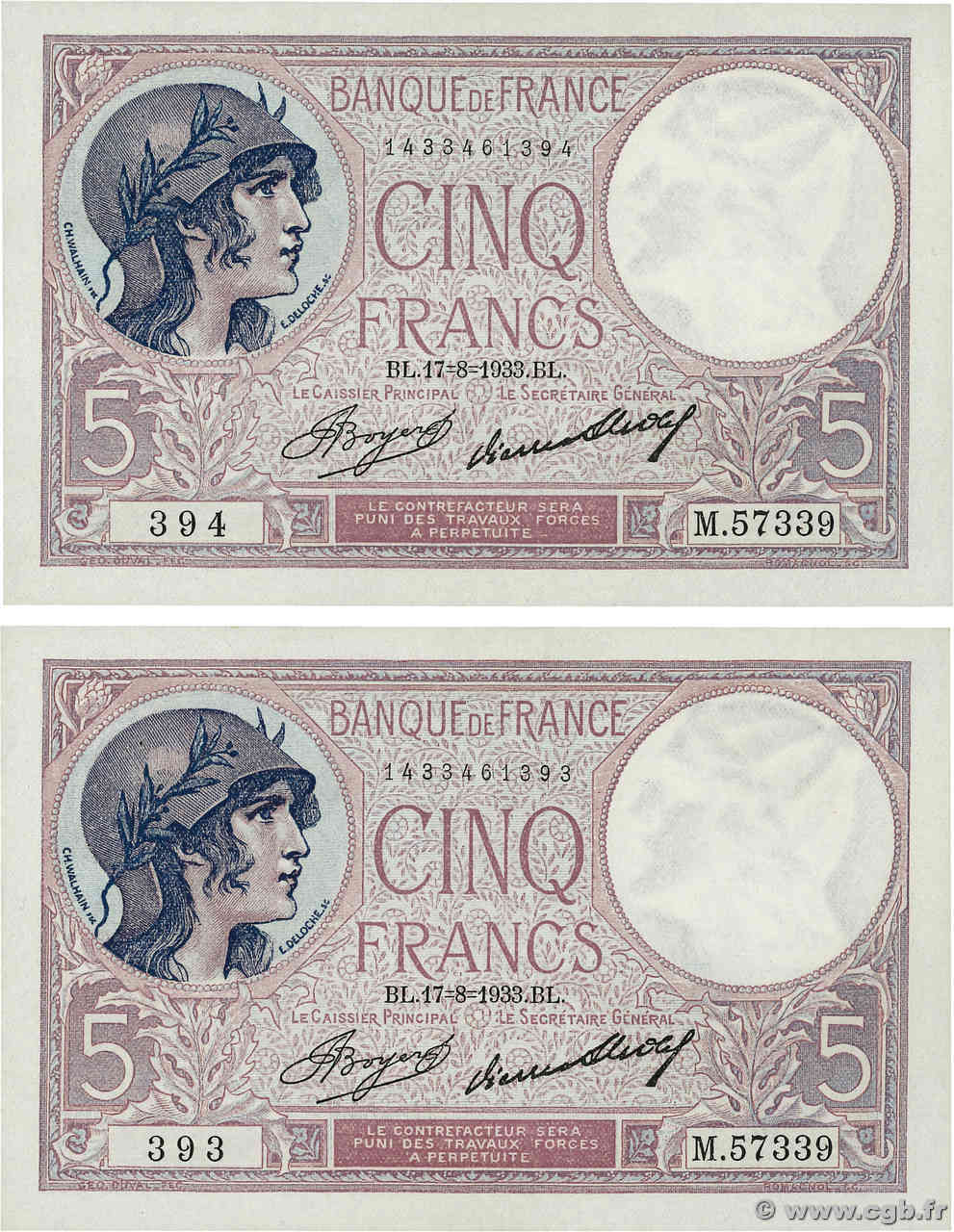 5 Francs FEMME CASQUÉE Consécutifs FRANCE  1933 F.03.17 SUP