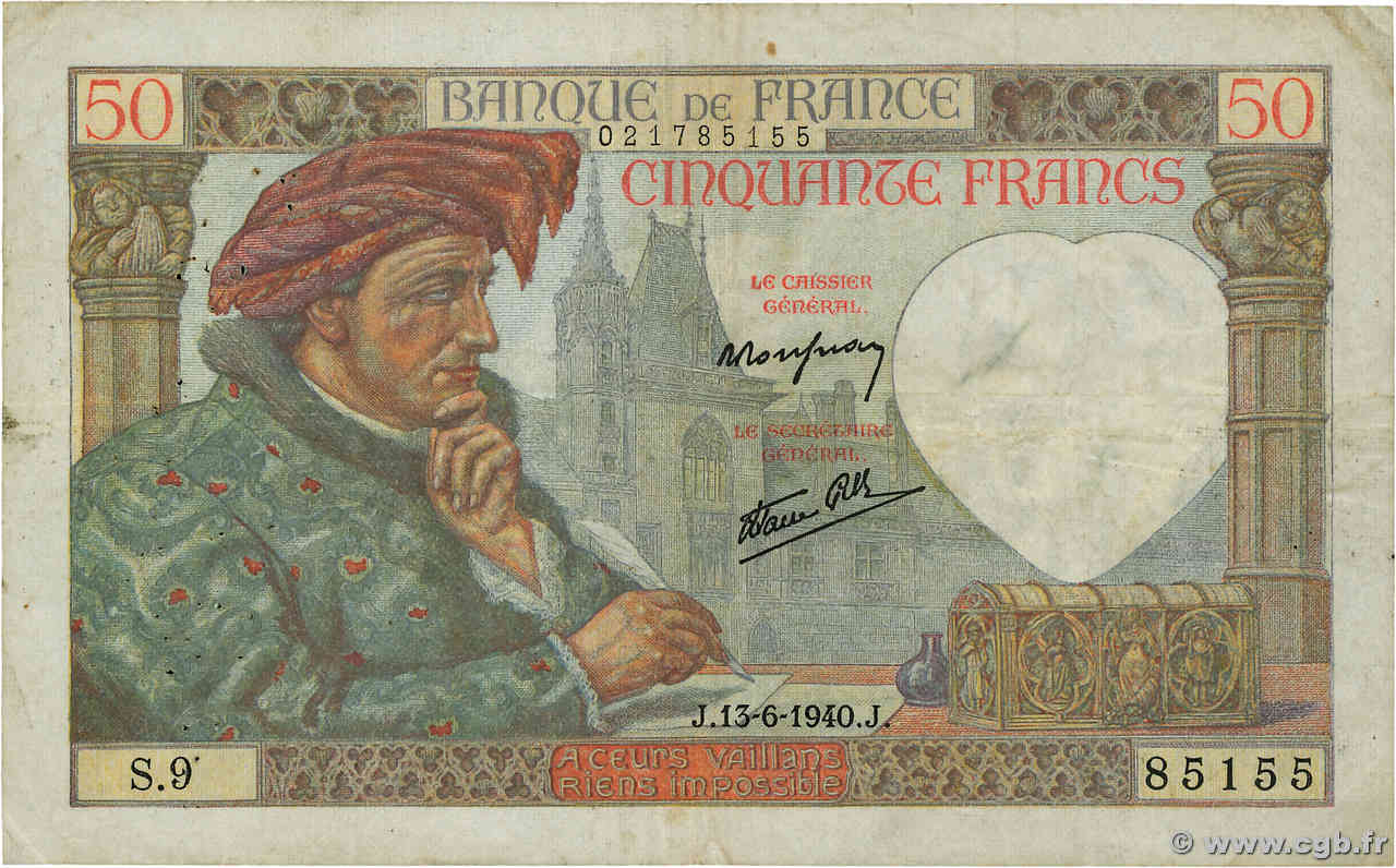 50 Francs JACQUES CŒUR FRANKREICH  1940 F.19.01 S