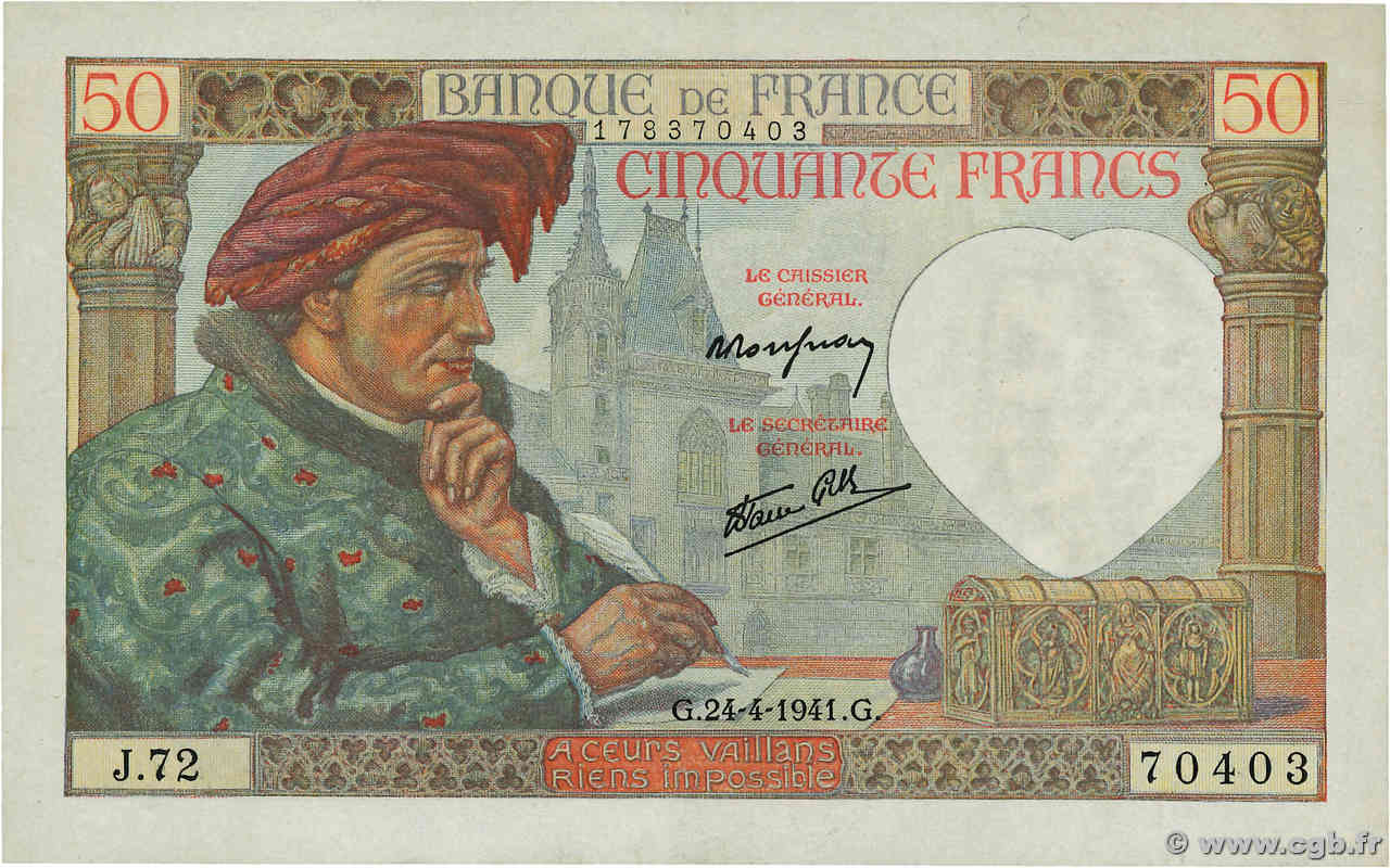 50 Francs JACQUES CŒUR FRANCE  1941 F.19.09 XF+