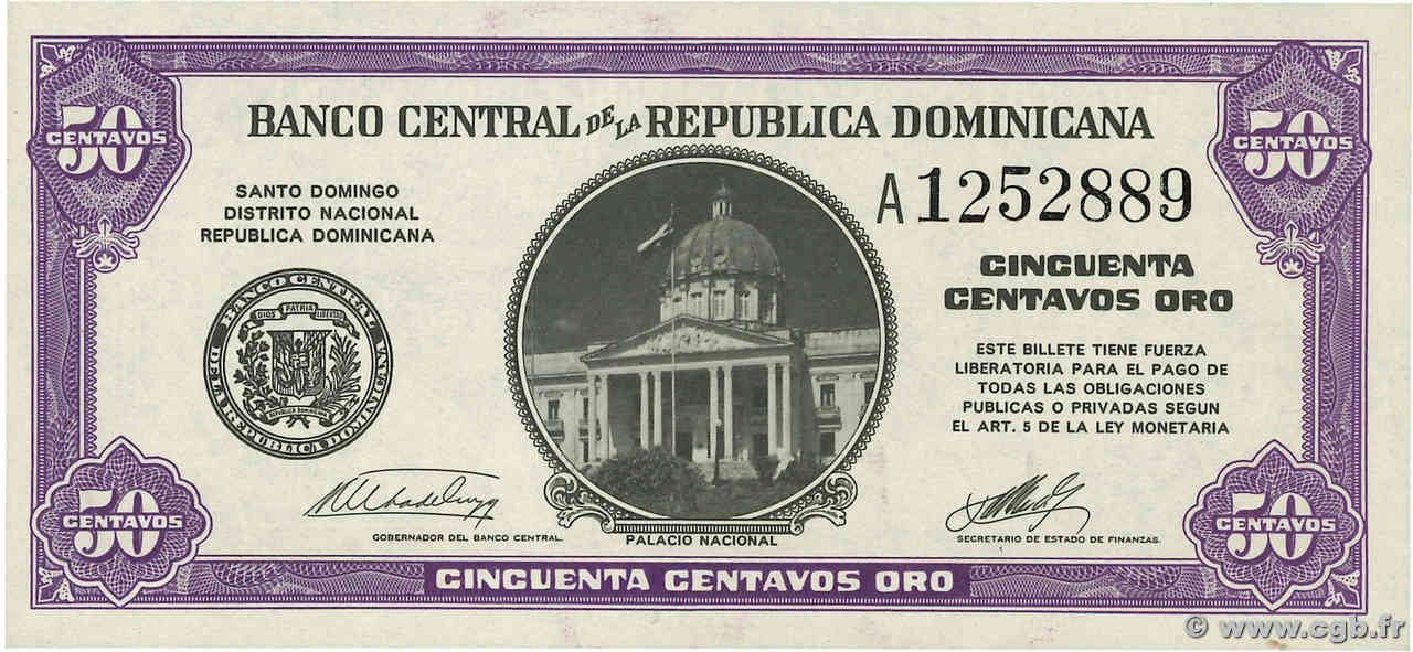 50 Centavos Oro DOMINICAN REPUBLIC  1961 P.089a UNC