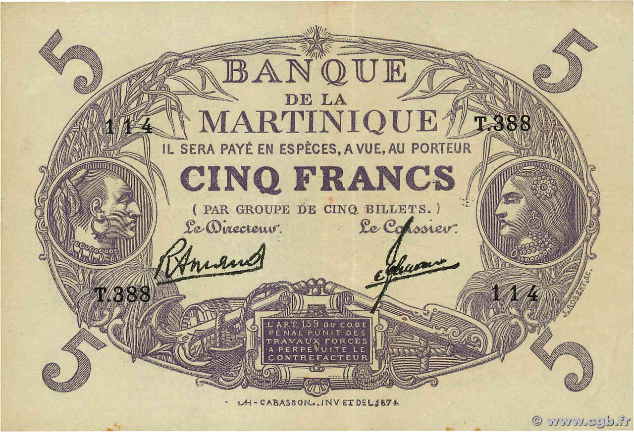 5 Francs Cabasson violet MARTINIQUE  1945 P.06 TTB