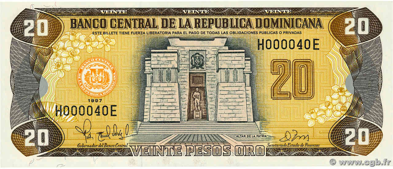 20 Pesos Oro Petit numéro RÉPUBLIQUE DOMINICAINE  1997 P.154a NEUF