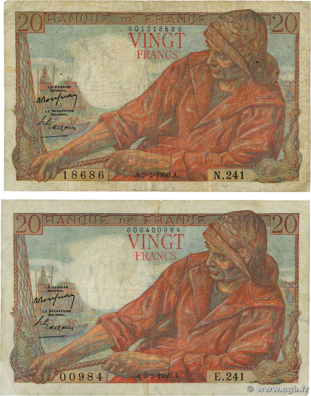 20 Francs PÊCHEUR Lot FRANCE  1950 F.13.17 F