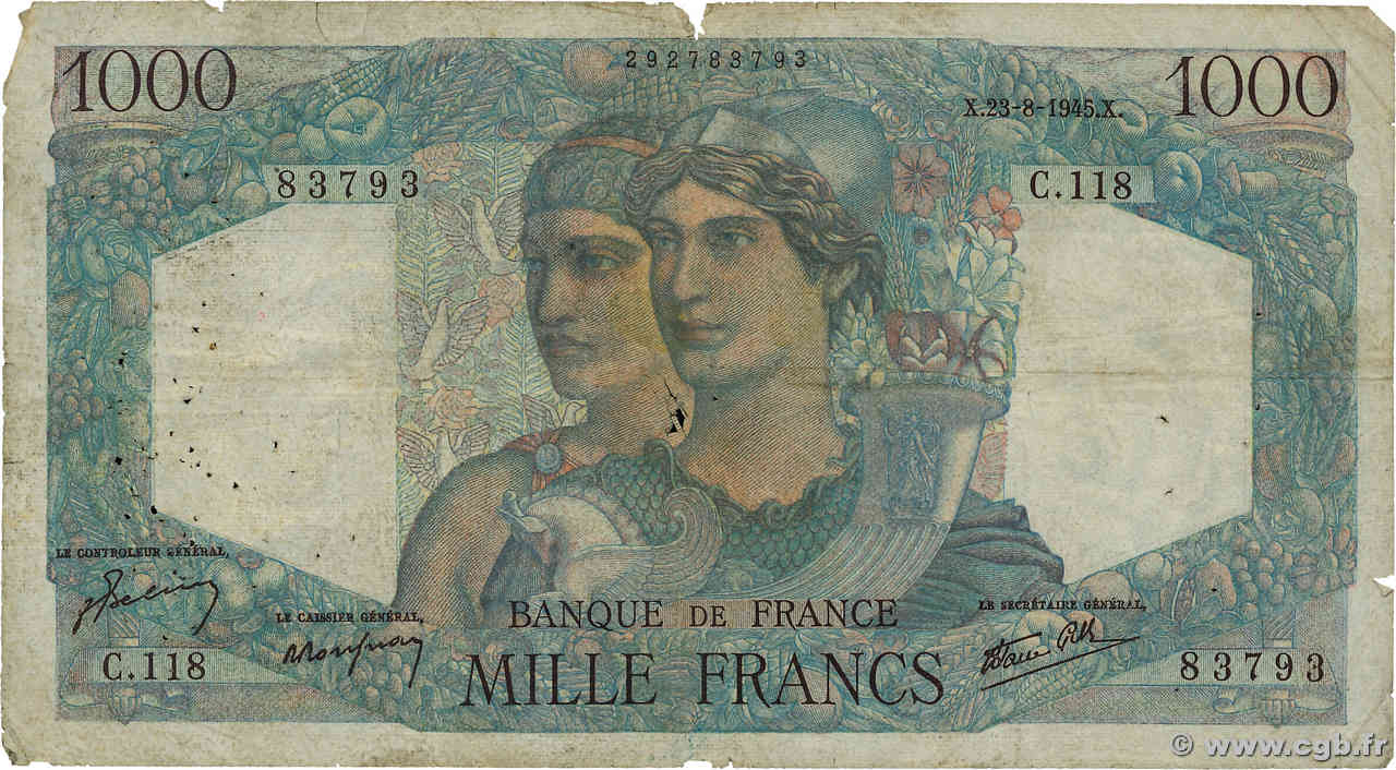 1000 Francs MINERVE ET HERCULE FRANCE  1945 F.41.07 G