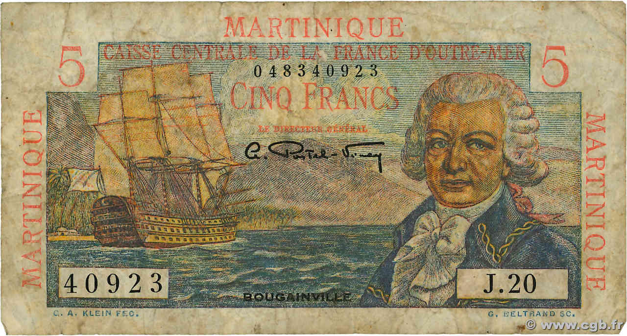 5 Francs Bougainville MARTINIQUE  1946 P.27 VG