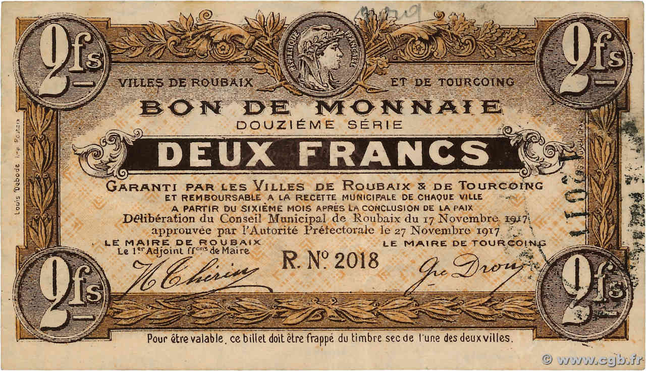2 Francs FRANCE Regionalismus und verschiedenen Roubaix et Tourcoing 1917 JP.59-2202 fVZ