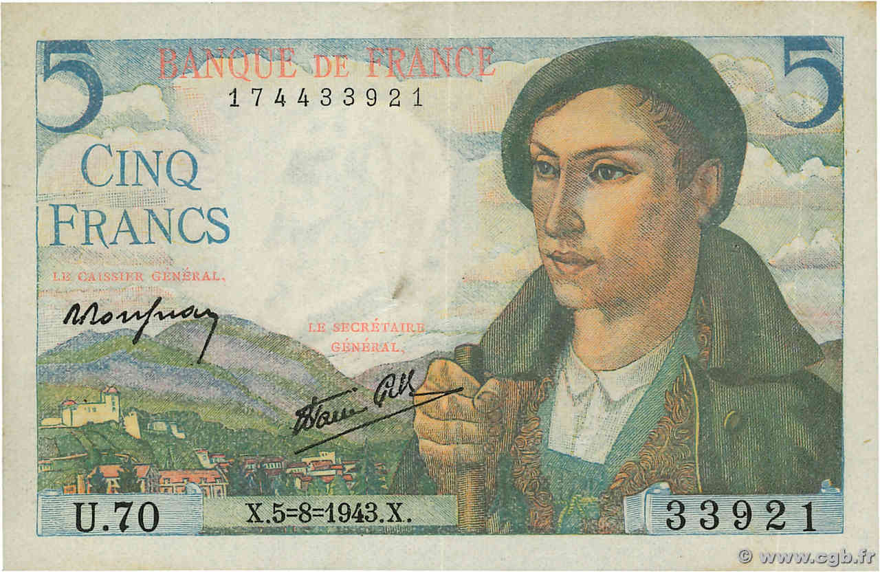 5 Francs BERGER FRANCE 1943 F.05.03 VF+