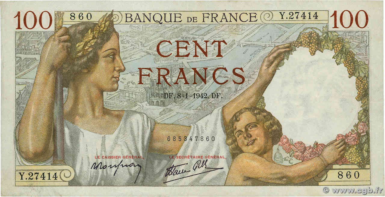 100 Francs SULLY FRANCE 1942 F.26.64 VF+