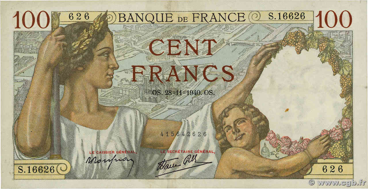 100 Francs SULLY FRANCE 1940 F.26.41 VF