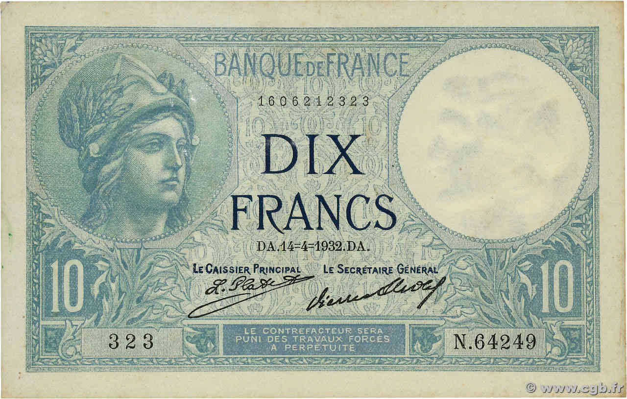 10 Francs MINERVE FRANCE 1932 F.06.16 VF+