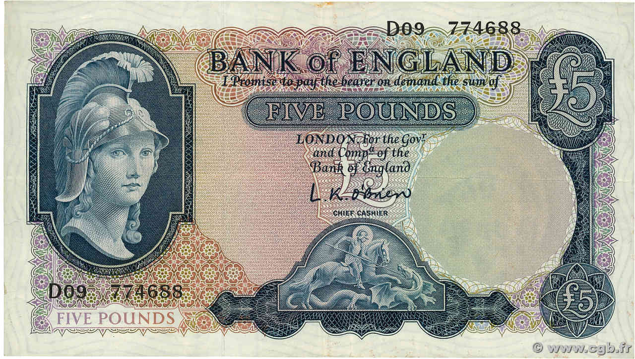 5 Pounds ANGLETERRE  1961 P.372a TTB