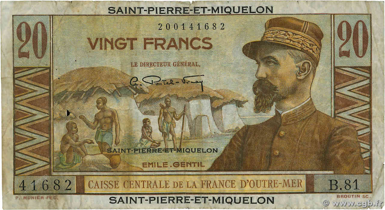 20 Francs Émile Gentil SAINT PIERRE ET MIQUELON  1946 P.24 TB