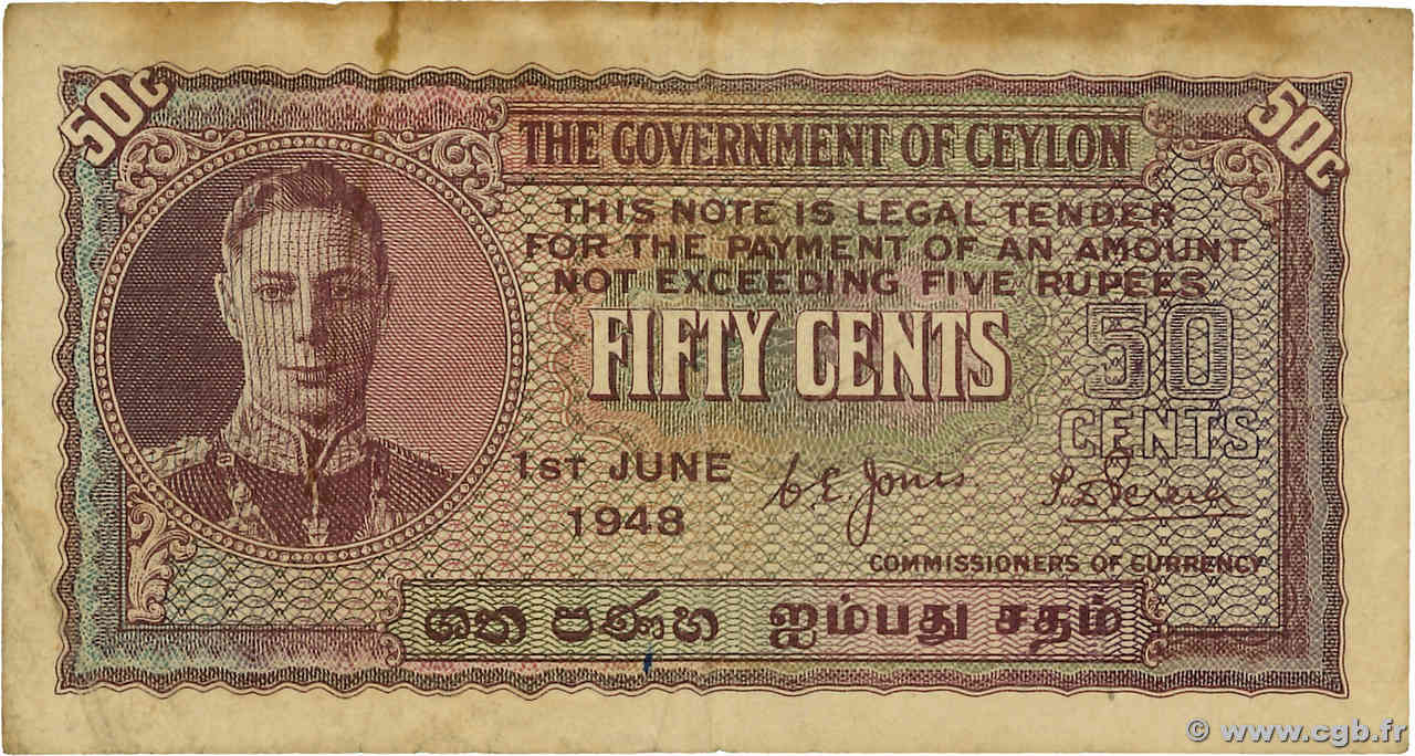 50 Cents CEYLAN  1948 P.045 pr.TTB