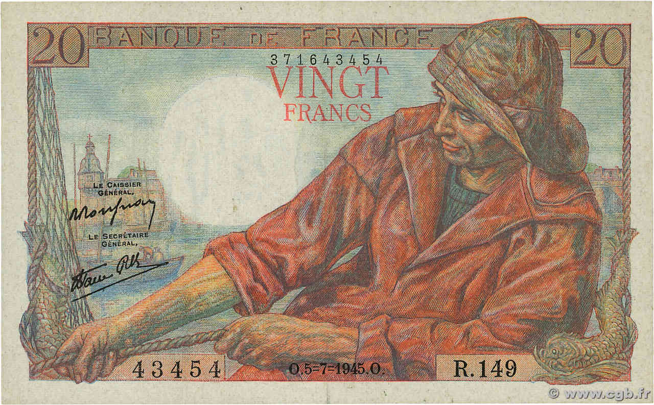 20 Francs PÊCHEUR FRANCE  1945 F.13.10 TTB+