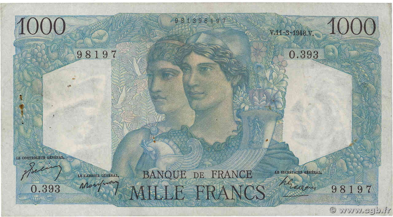 1000 Francs MINERVE ET HERCULE FRANCE  1948 F.41.19 F