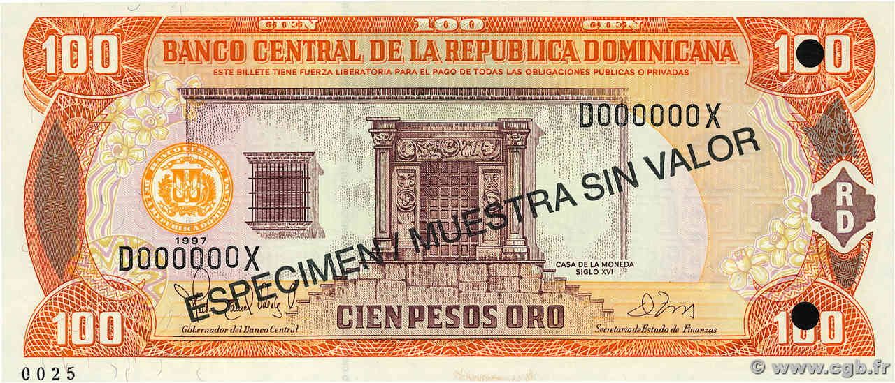 100 Pesos Oro Spécimen RÉPUBLIQUE DOMINICAINE  1997 P.156s1 FDC
