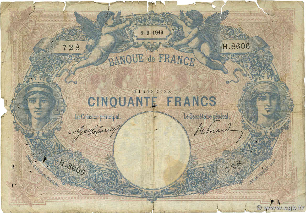 50 Francs BLEU ET ROSE FRANCE  1919 F.14.32 B