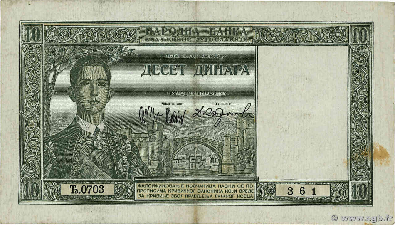 10 Dinara YOUGOSLAVIE  1939 P.035 TTB+
