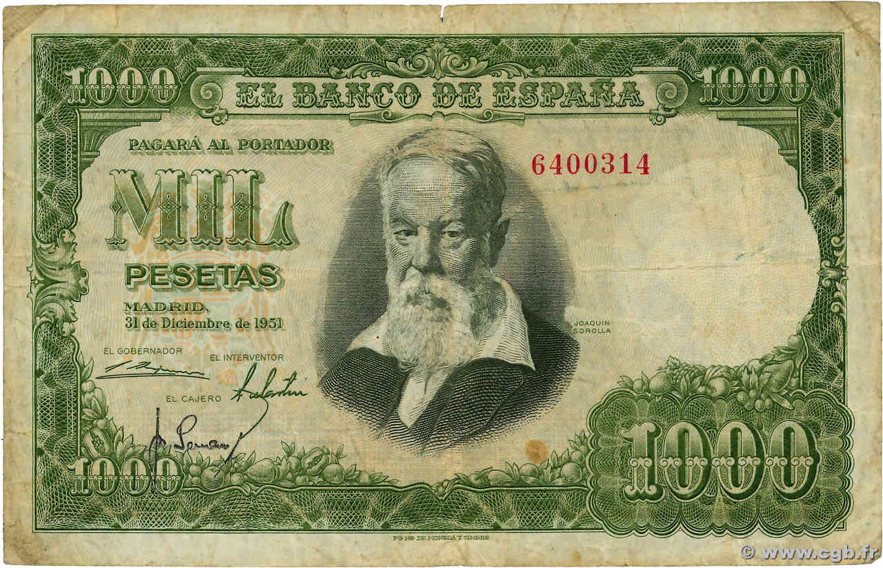 1000 Pesetas ESPAGNE 1951 P.143a TB