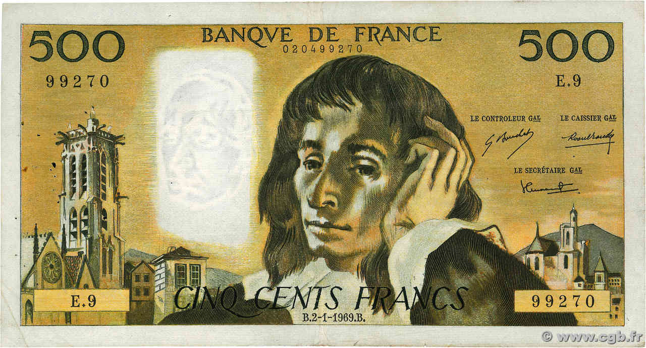 500 Francs PASCAL FRANCE  1969 F.71.03 TB+