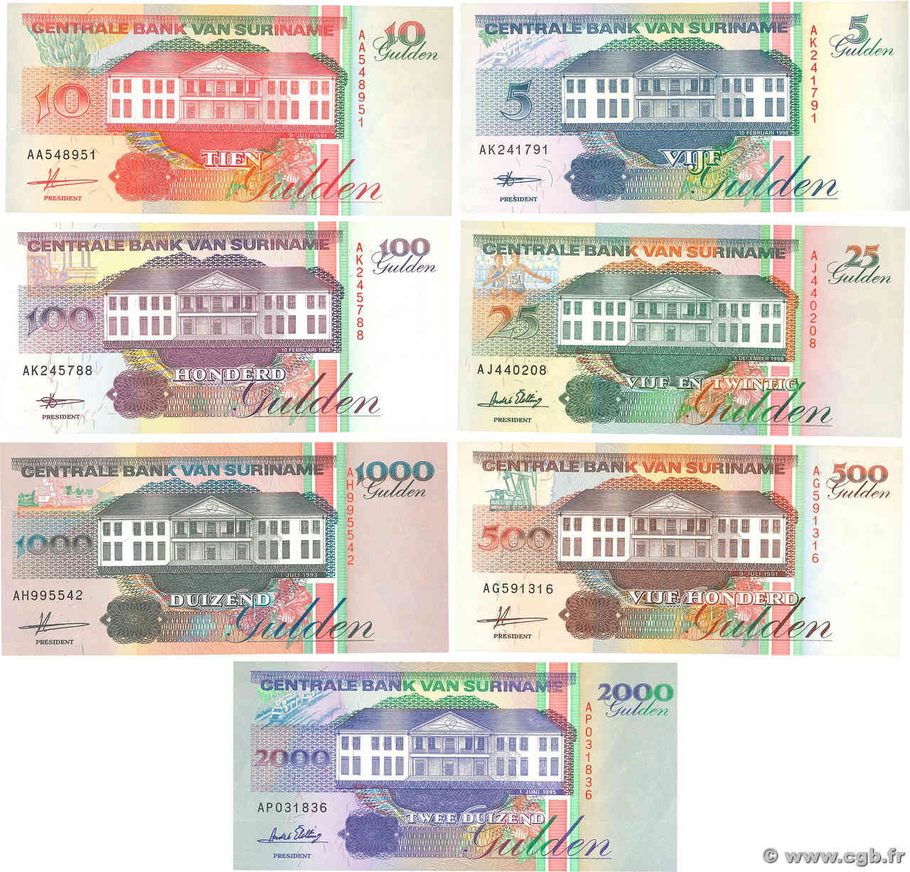 5 à 2000 Gulden Lot SURINAM 1991 Pa.136 au P.142 NEUF