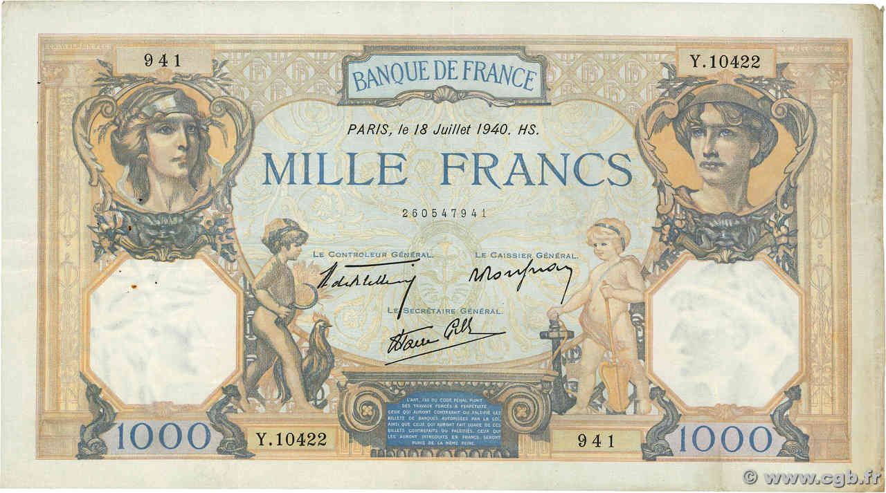 1000 Francs CÉRÈS ET MERCURE type modifié FRANCE 1940 F.38.50 TTB+