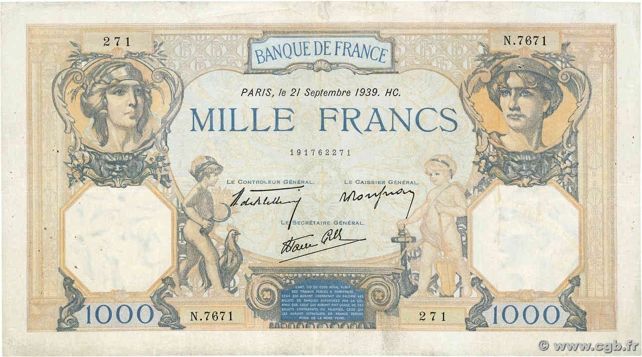 1000 Francs CÉRÈS ET MERCURE type modifié FRANCE 1939 F.38.37 TB+